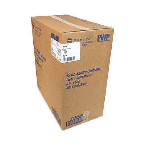 Pactiv Evergreen EarthChoice Square Recycled Bowl, 4 Compartments, 32 oz, 6.1 x 6.1 x 2.6, Clear, Plastic, 360/Carton (Y6S324C)