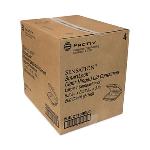 Pactiv Evergreen SENSATION SmartLock Hinged Lid Container, 9.2 x 8.9 x 3.1, Clear, Plastic, 200/Carton (YCI821100000)