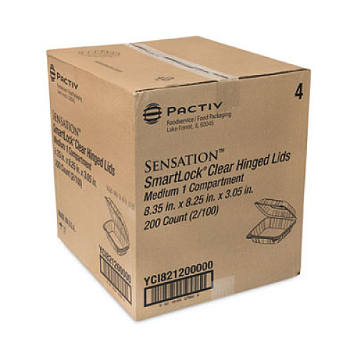 Pactiv Evergreen SENSATION SmartLock Hinged Lid Container, 8.5 x 8.34 x 3., Clear, Plastic, 200/Carton (YCI821200000)