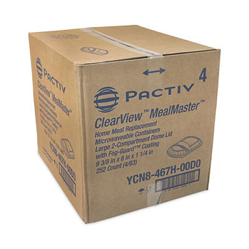 Pactiv Evergreen ClearView MealMaster Lid with Fog Gard Coating, Large 2-Compartment Dome Lid, 9.37 x 8 x 1.25, Clear, Plastic, 252/Carton (YCN8467H00D0)