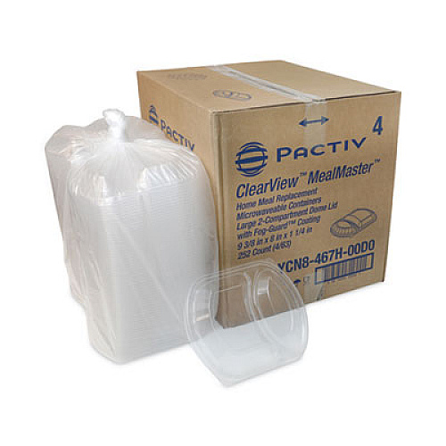 Pactiv Evergreen ClearView MealMaster Lid with Fog Gard Coating, Large 2-Compartment Dome Lid, 9.37 x 8 x 1.25, Clear, Plastic, 252/Carton (YCN8467H00D0)