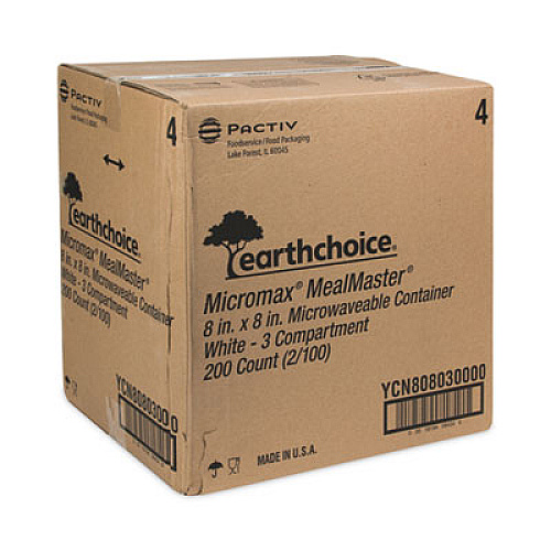 Pactiv Evergreen EarthChoice SmartLock Microwavable MFPP Hinged Lid Container, 3 Compartments, 8.35 x 8.35 x 3.1, White, Plastic, 200/Carton (YCN808030000)
