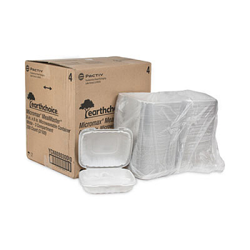 Pactiv Evergreen EarthChoice SmartLock Microwavable MFPP Hinged Lid Container, 3 Compartments, 8.35 x 8.35 x 3.1, White, Plastic, 200/Carton (YCN808030000)