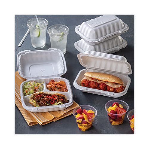 Pactiv Evergreen EarthChoice SmartLock Microwavable MFPP Hinged Lid Container, 3 Compartments, 8.35 x 8.35 x 3.1, White, Plastic, 200/Carton (YCN808030000)