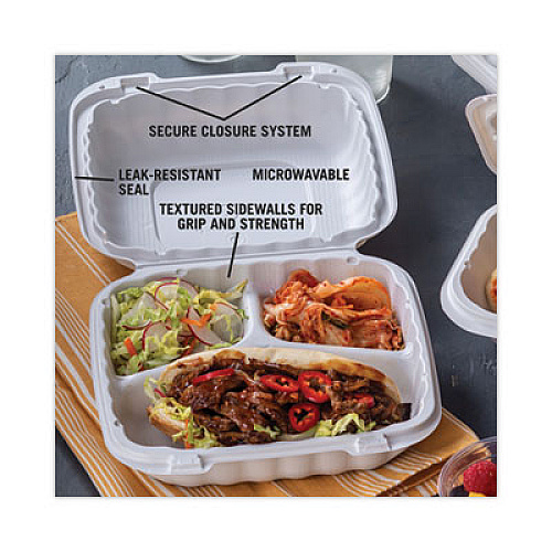Pactiv Evergreen EarthChoice SmartLock Microwavable MFPP Hinged Lid Container, 3 Compartments, 8.35 x 8.35 x 3.1, White, Plastic, 200/Carton (YCN808030000)