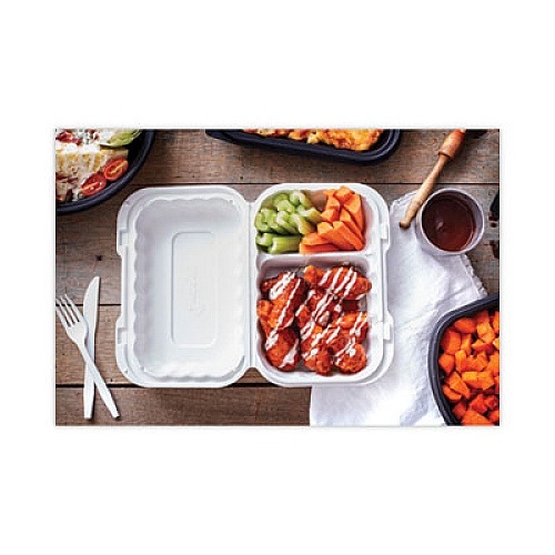 Pactiv Evergreen EarthChoice SmartLock Microwavable MFPP Hinged Lid Container, 2 Compartments, 9 x 6 x 3, White, Plastic, 270/Carton (YCN809620000)