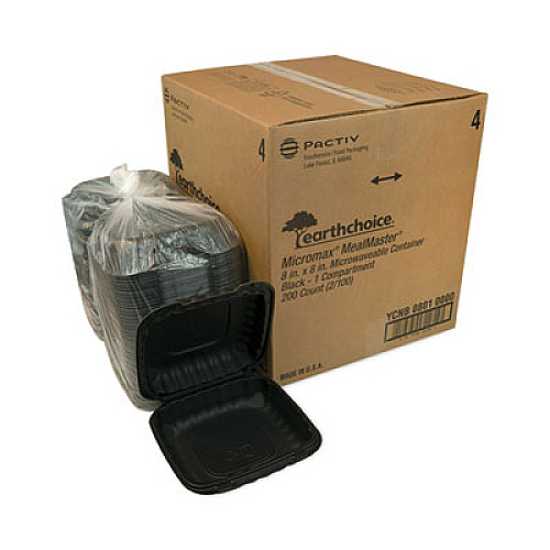 Pactiv Evergreen EarthChoice SmartLock Microwavable MFPP Hinged Lid Container, 8.35 x 8.35 x 3.1, Black, Plastic, 200/Carton (YCNB08010000)