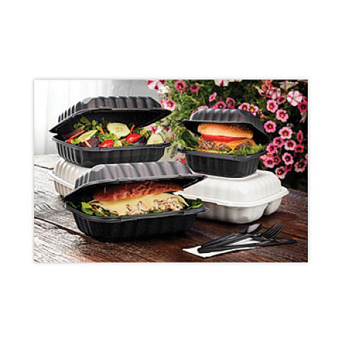 Pactiv Evergreen EarthChoice SmartLock Microwavable MFPP Hinged Lid Container, 8.35 x 8.35 x 3.1, Black, Plastic, 200/Carton (YCNB08010000)