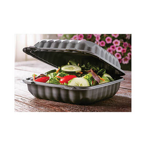 Pactiv Evergreen EarthChoice SmartLock Microwavable MFPP Hinged Lid Container, 8.35 x 8.35 x 3.1, Black, Plastic, 200/Carton (YCNB08010000)