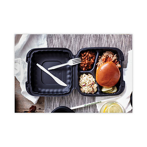Pactiv Evergreen EarthChoice SmartLock Microwavable MFPP Hinged Lid Container, 3 Compartments, 8.35 x 8.5 x 3.1, Black, Plastic, 200/Carton (YCNB08030000)