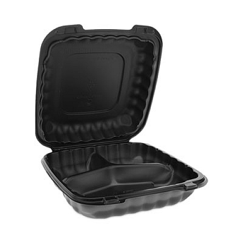 Pactiv Evergreen EarthChoice SmartLock Microwavable MFPP Hinged Lid Container, 3 Compartments, 9.33 x 8.88 x 3.1, Black, Plastic, 120/Carton (YCNB09030000)