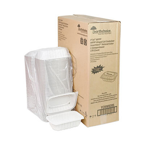 Pactiv Evergreen EarthChoice Vented Microwavable MFPP Hinged Lid Container, 9 x 6 x 3.1, White, Plastic, 170/Carton (YCNW0205)