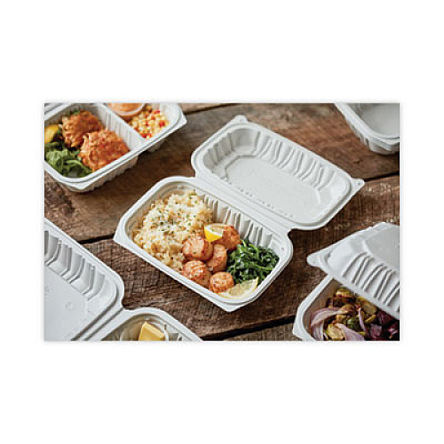 Pactiv Evergreen EarthChoice Vented Microwavable MFPP Hinged Lid Container, 9 x 6 x 3.1, White, Plastic, 170/Carton (YCNW0205)