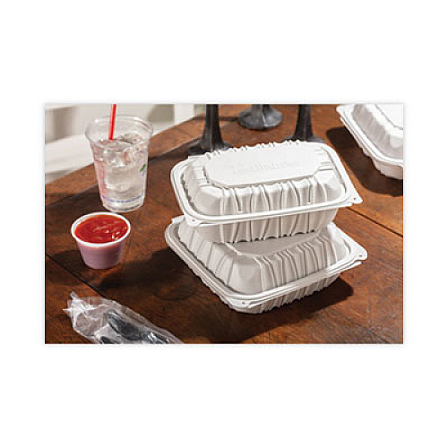 Pactiv Evergreen EarthChoice Vented Microwavable MFPP Hinged Lid Container, 9 x 6 x 3.1, White, Plastic, 170/Carton (YCNW0205)