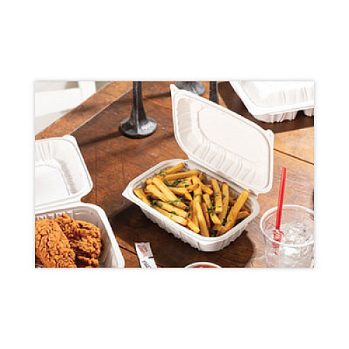 Pactiv Evergreen EarthChoice Vented Microwavable MFPP Hinged Lid Container, 9 x 6 x 3.1, White, Plastic, 170/Carton (YCNW0205)