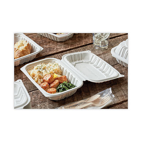 Pactiv Evergreen EarthChoice Vented Microwavable MFPP Hinged Lid Container, 9 x 6 x 2.75, White, Plastic, 170/Carton (YCNW0207)