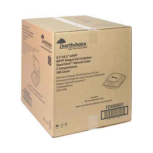 Pactiv Evergreen EarthChoice Vented Microwavable MFPP Hinged Lid Container, 8.4 x 8.7 x 3.1, White, Plastic, 146/Carton (YCNW0851)