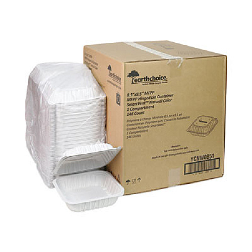 Pactiv Evergreen EarthChoice Vented Microwavable MFPP Hinged Lid Container, 8.4 x 8.7 x 3.1, White, Plastic, 146/Carton (YCNW0851)