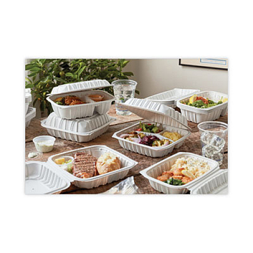 Pactiv Evergreen EarthChoice Vented Microwavable MFPP Hinged Lid Container, 8.4 x 8.7 x 3.1, White, Plastic, 146/Carton (YCNW0851)