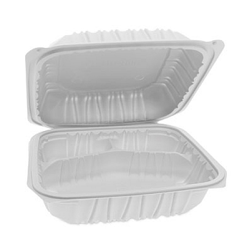 Pactiv Evergreen EarthChoice Vented Microwavable MFPP Hinged Lid Container, 3 Compartments, 8.4 x 8.7 x 3.1, White, Plastic, 146/Carton (YCNW0853)