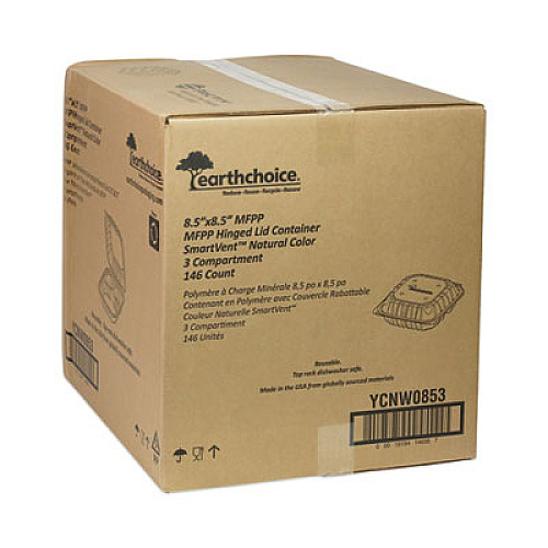 Pactiv Evergreen EarthChoice Vented Microwavable MFPP Hinged Lid Container, 3 Compartments, 8.4 x 8.7 x 3.1, White, Plastic, 146/Carton (YCNW0853)