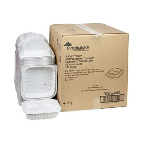 Pactiv Evergreen EarthChoice Vented Microwavable MFPP Hinged Lid Container, 3 Compartments, 8.4 x 8.7 x 3.1, White, Plastic, 146/Carton (YCNW0853)