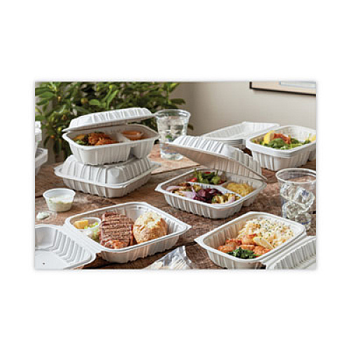 Pactiv Evergreen EarthChoice Vented Microwavable MFPP Hinged Lid Container, 3 Compartments, 8.4 x 8.7 x 3.1, White, Plastic, 146/Carton (YCNW0853)