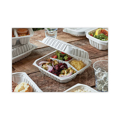 Pactiv Evergreen EarthChoice Vented Microwavable MFPP Hinged Lid Container, 3 Compartments, 8.4 x 8.7 x 3.1, White, Plastic, 146/Carton (YCNW0853)