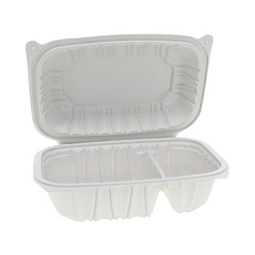 Pactiv Evergreen EarthChoice Vented Microwavable MFPP Hinged Lid Container, 2 Compartments, 9 x 6 x 3.1, White, Plastic, 170/Carton (YCNW02052)