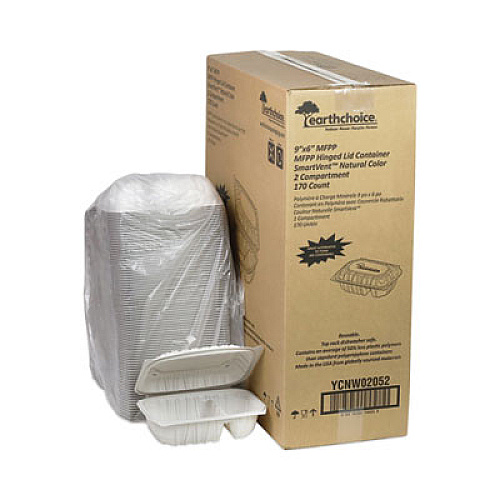 Pactiv Evergreen EarthChoice Vented Microwavable MFPP Hinged Lid Container, 2 Compartments, 9 x 6 x 3.1, White, Plastic, 170/Carton (YCNW02052)
