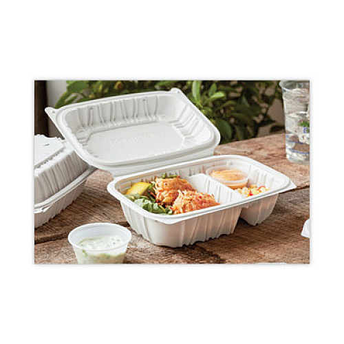 Pactiv Evergreen EarthChoice Vented Microwavable MFPP Hinged Lid Container, 2 Compartments, 9 x 6 x 3.1, White, Plastic, 170/Carton (YCNW02052)