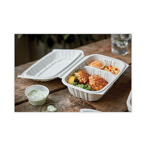 Pactiv Evergreen EarthChoice Vented Microwavable MFPP Hinged Lid Container, 2 Compartments, 9 x 6 x 3.1, White, Plastic, 170/Carton (YCNW02052)