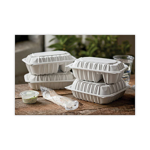 Pactiv Evergreen EarthChoice Vented Microwavable MFPP Hinged Lid Container, 2 Compartments, 9 x 6 x 3.1, White, Plastic, 170/Carton (YCNW02052)