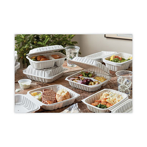 Pactiv Evergreen EarthChoice Vented Microwavable MFPP Hinged Lid Container, 2 Compartments, 9 x 6 x 3.1, White, Plastic, 170/Carton (YCNW02052)