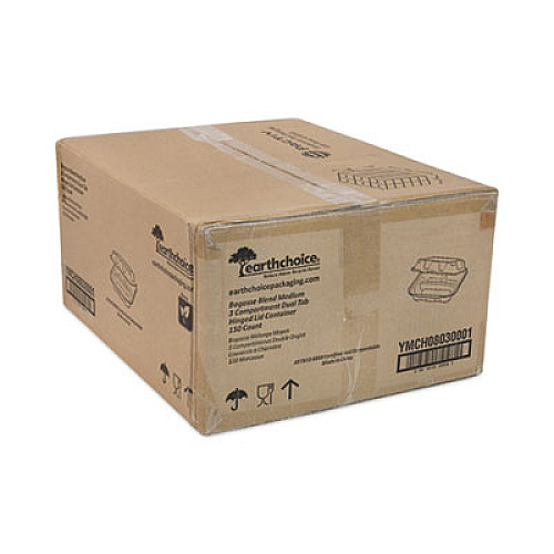 Pactiv Evergreen EarthChoice Bagasse Hinged Lid Container, 3 Compartments, Dual Tab Lock, 7.8 x 7.8 x 2.8, Natural, Sugarcane, 150/Carton (YMCH08030001)
