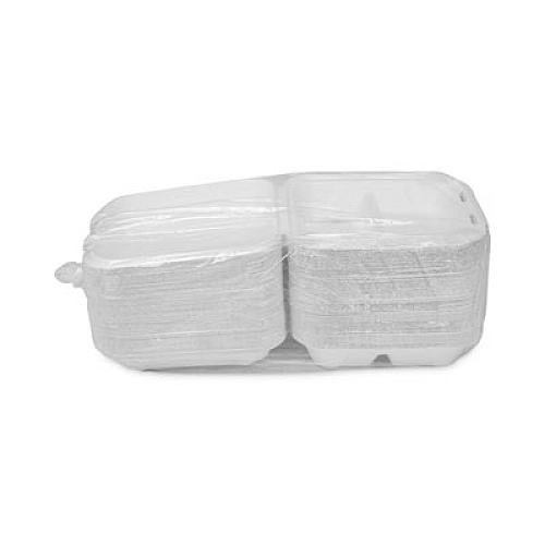 Pactiv Evergreen EarthChoice Bagasse Hinged Lid Container, 3 Compartments, Dual Tab Lock, 7.8 x 7.8 x 2.8, Natural, Sugarcane, 150/Carton (YMCH08030001)