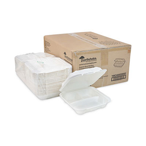 Pactiv Evergreen EarthChoice Bagasse Hinged Lid Container, 3 Compartments, Dual Tab Lock, 7.8 x 7.8 x 2.8, Natural, Sugarcane, 150/Carton (YMCH08030001)