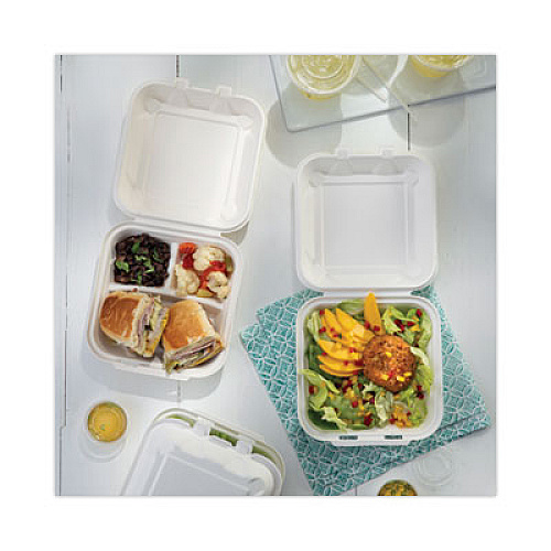 Pactiv Evergreen EarthChoice Bagasse Hinged Lid Container, 3 Compartments, Dual Tab Lock, 7.8 x 7.8 x 2.8, Natural, Sugarcane, 150/Carton (YMCH08030001)
