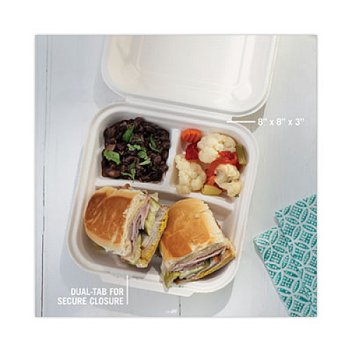 Pactiv Evergreen EarthChoice Bagasse Hinged Lid Container, 3 Compartments, Dual Tab Lock, 7.8 x 7.8 x 2.8, Natural, Sugarcane, 150/Carton (YMCH08030001)