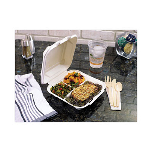 Pactiv Evergreen EarthChoice Bagasse Hinged Lid Container, 3 Compartments, Dual Tab Lock, 7.8 x 7.8 x 2.8, Natural, Sugarcane, 150/Carton (YMCH08030001)