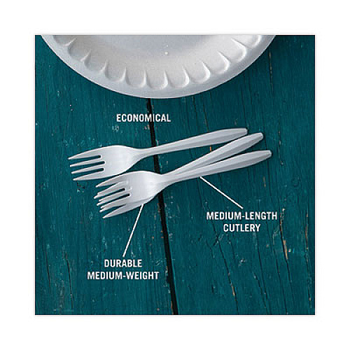 Pactiv Evergreen Fieldware Cutlery, Mediumweight Fork, Plastic, White, 1,000/Carton (YFWFWCH)
