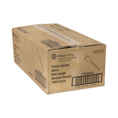 Pactiv Evergreen Fieldware Cutlery, Mediumweight Spork, Plastic, White, 1,000/Carton (YFWQWCH)
