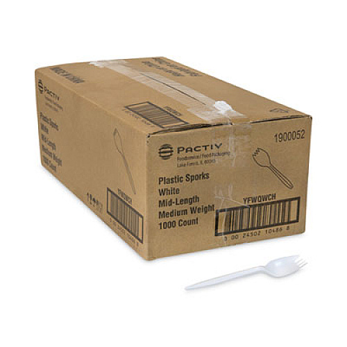 Pactiv Evergreen Fieldware Cutlery, Mediumweight Spork, Plastic, White, 1,000/Carton (YFWQWCH)
