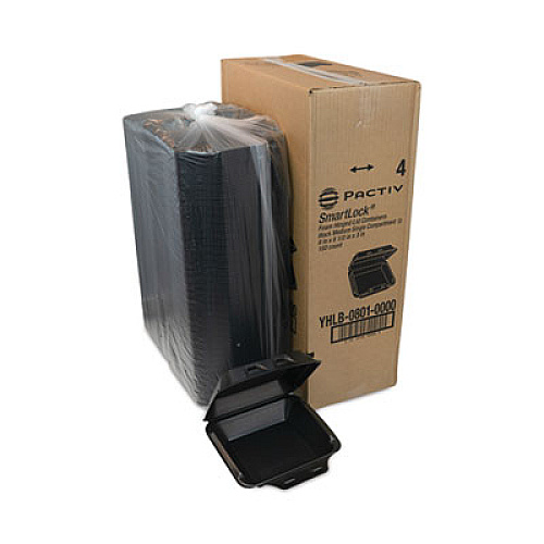 Pactiv Evergreen SmartLock Foam Hinged Lid Container, Medium, 8 x 8.5 x 3, Black, 150/Carton (YHLB08010000)