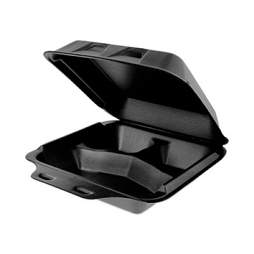 Pactiv Evergreen SmartLock Foam Hinged Lid Container, Medium, 3 Compartments, 8 x 8.5 x 3, Black, 150/Carton (YHLB08030000)