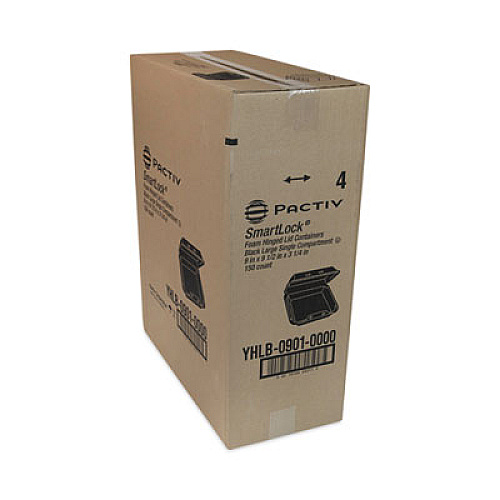 Pactiv Evergreen SmartLock Foam Hinged Lid Container, Large, 9 x 9.1 x 3.3, Black, 150/Carton (YHLB09010000)