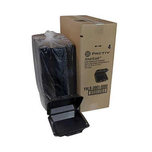 Pactiv Evergreen SmartLock Foam Hinged Lid Container, Large, 9 x 9.1 x 3.3, Black, 150/Carton (YHLB09010000)