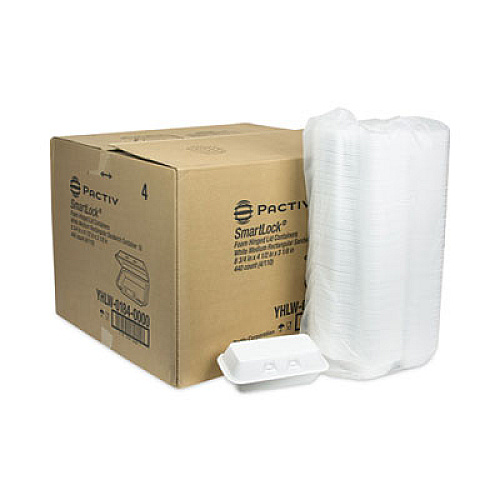 Pactiv Evergreen SmartLock Foam Hinged Lid Container, Medium, 8.8 x 4.5 x 3.1, White, 440/Carton (YHLW01840000)