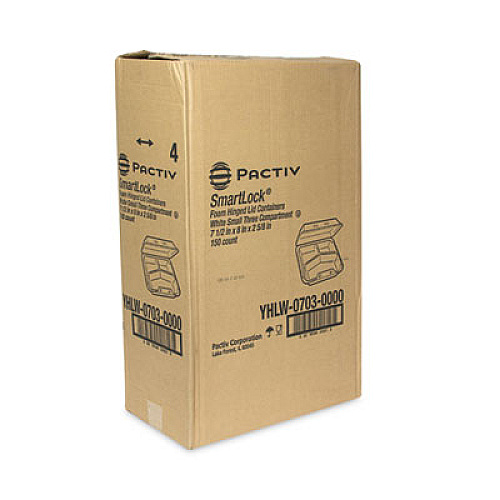 Pactiv Evergreen SmartLock Foam Hinged Lid Container, Small, 3 Compartments, 7.5 x 8 x 2.63, White, 150/Carton (YHLW07030000)