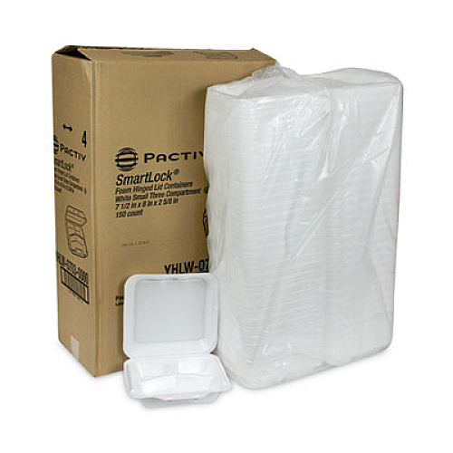 Pactiv Evergreen SmartLock Foam Hinged Lid Container, Small, 3 Compartments, 7.5 x 8 x 2.63, White, 150/Carton (YHLW07030000)